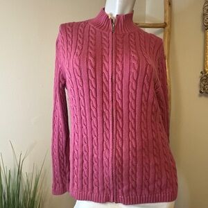 L.L. Bean Women’s Large Dusty Rose Full Zip Cable Knit Cardigan Sweater VINTAGE